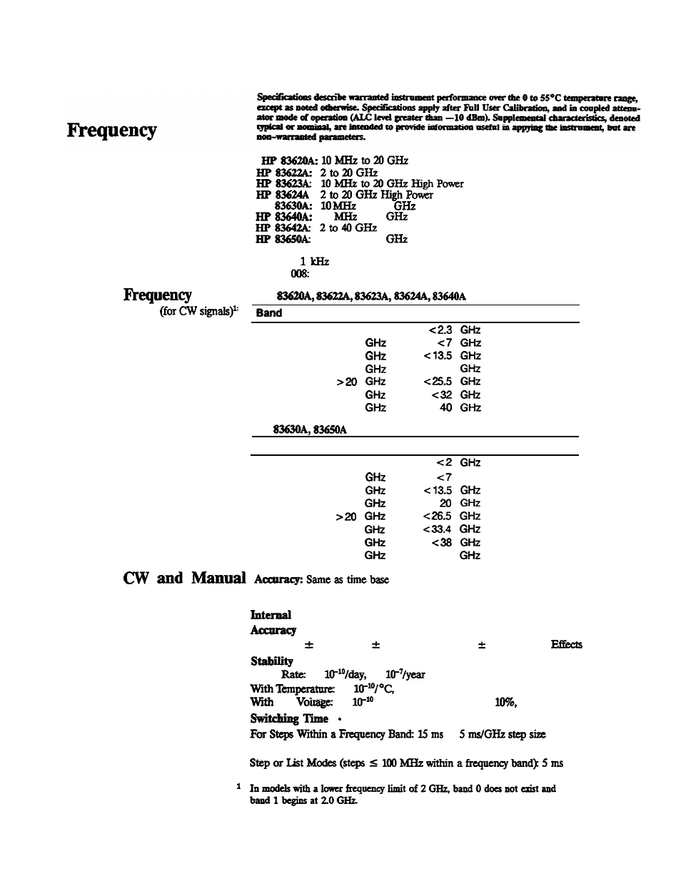 Frequency, Range, Resolution | Frequency bands (for cw signals), Cw and manual sweep modes, Resolution standard, Bands, Sweep modes | HP 8360 User Manual | Page 468 / 508