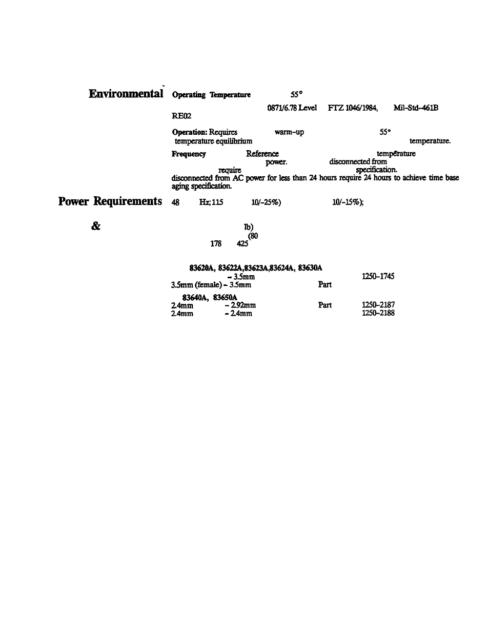 General, Environmental, Warm-up time | Power requirements, Weight & dimensions, Adapters supplied, Weight dimensions, Adapters supplied hp, Weight | HP 8360 User Manual | Page 478 / 508
