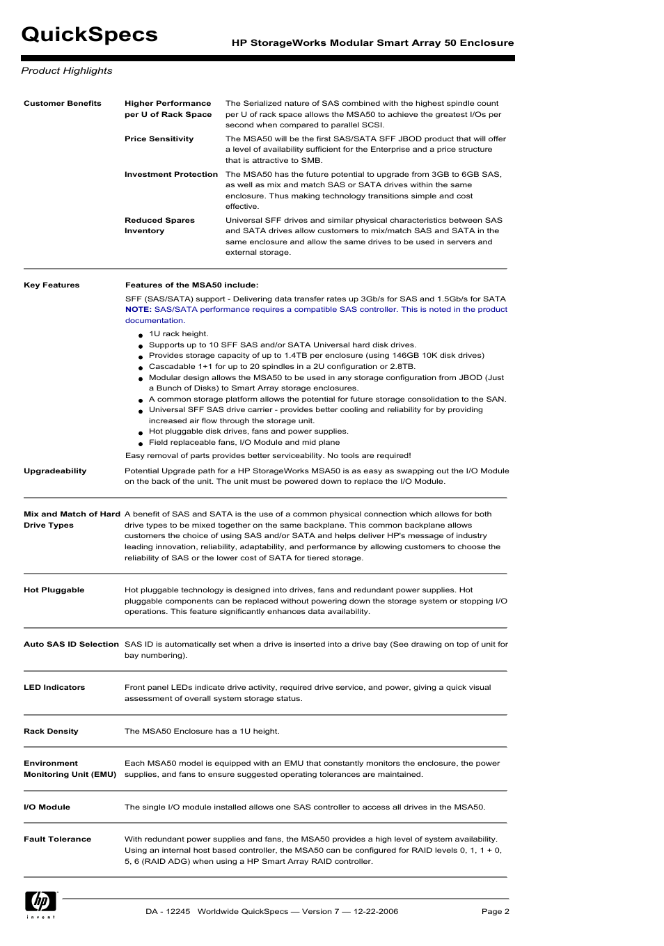 Product highlights, Quickspecs | HP MSA50 User Manual | Page 2 / 8