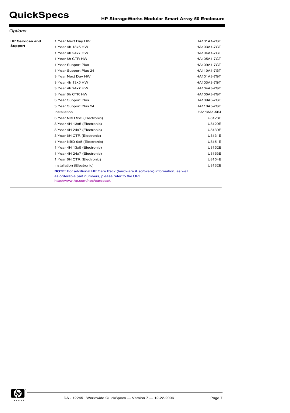 Quickspecs | HP MSA50 User Manual | Page 7 / 8
