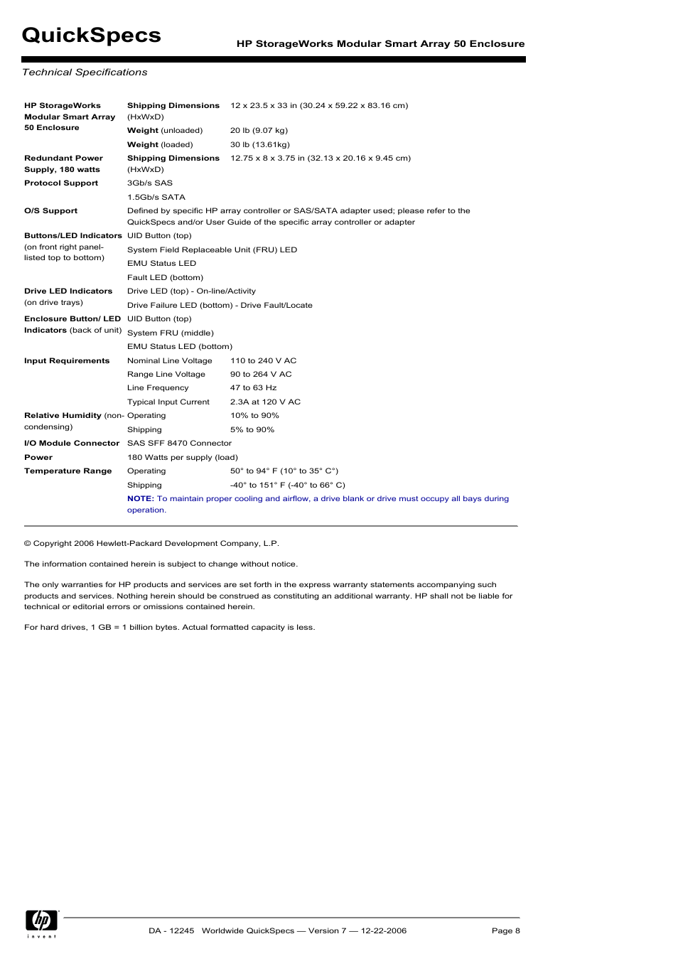 Technical specifications, Quickspecs | HP MSA50 User Manual | Page 8 / 8