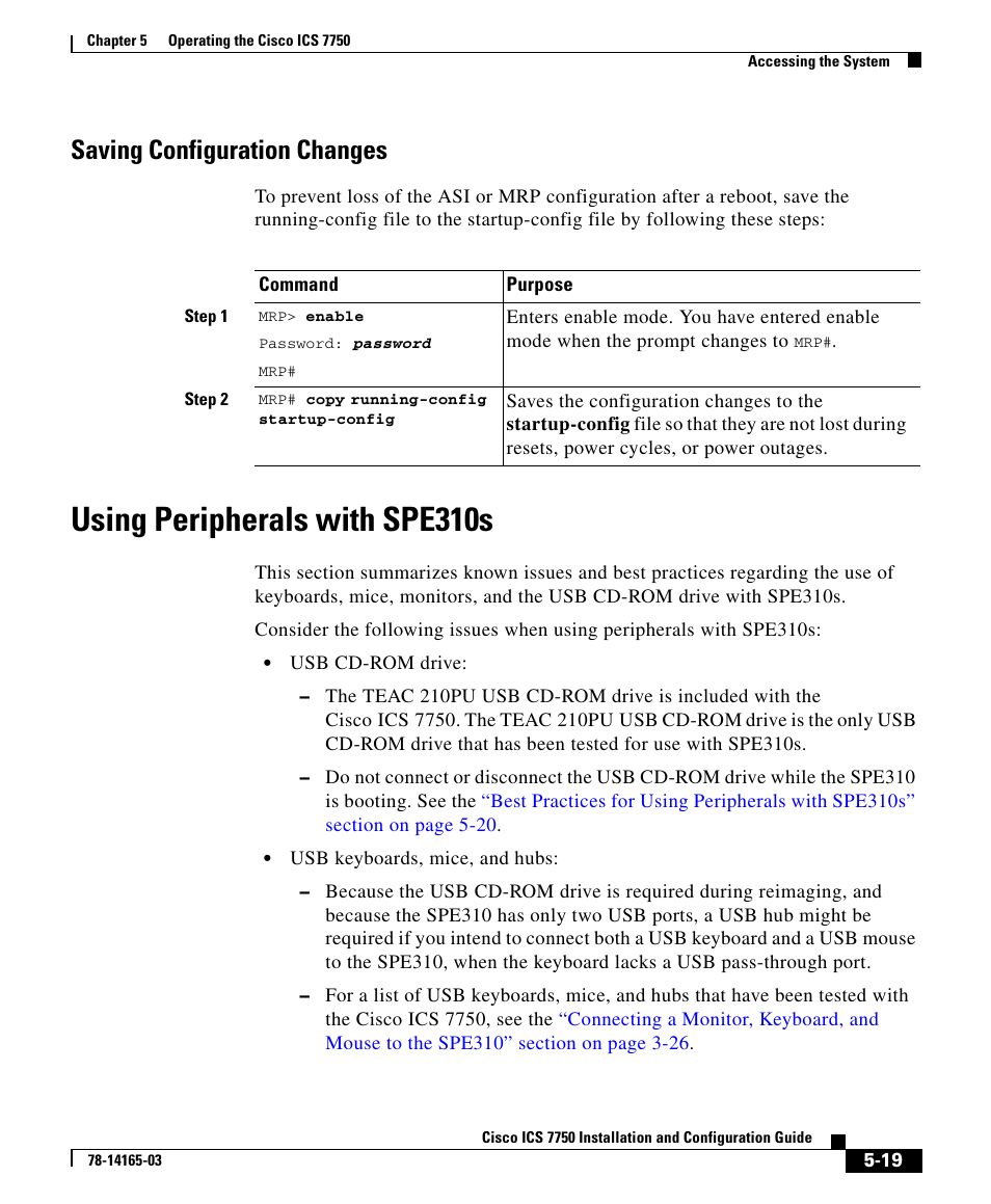 Saving configuration changes, Using peripherals with spe310s, Using | HP 7750 User Manual | Page 19 / 32