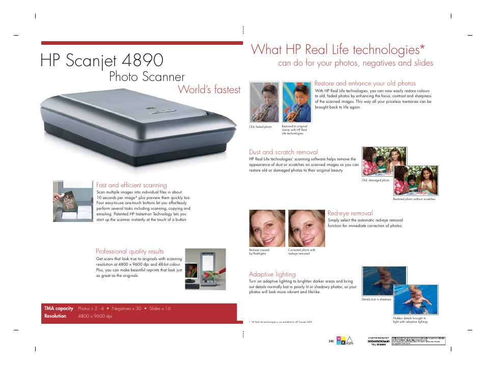 Hp scanjet 4890, Photo scanner, What hp real life technologies | World’s fastest, Can do for your photos, negatives and slides | HP Scanjet L1970A User Manual | Page 4 / 6