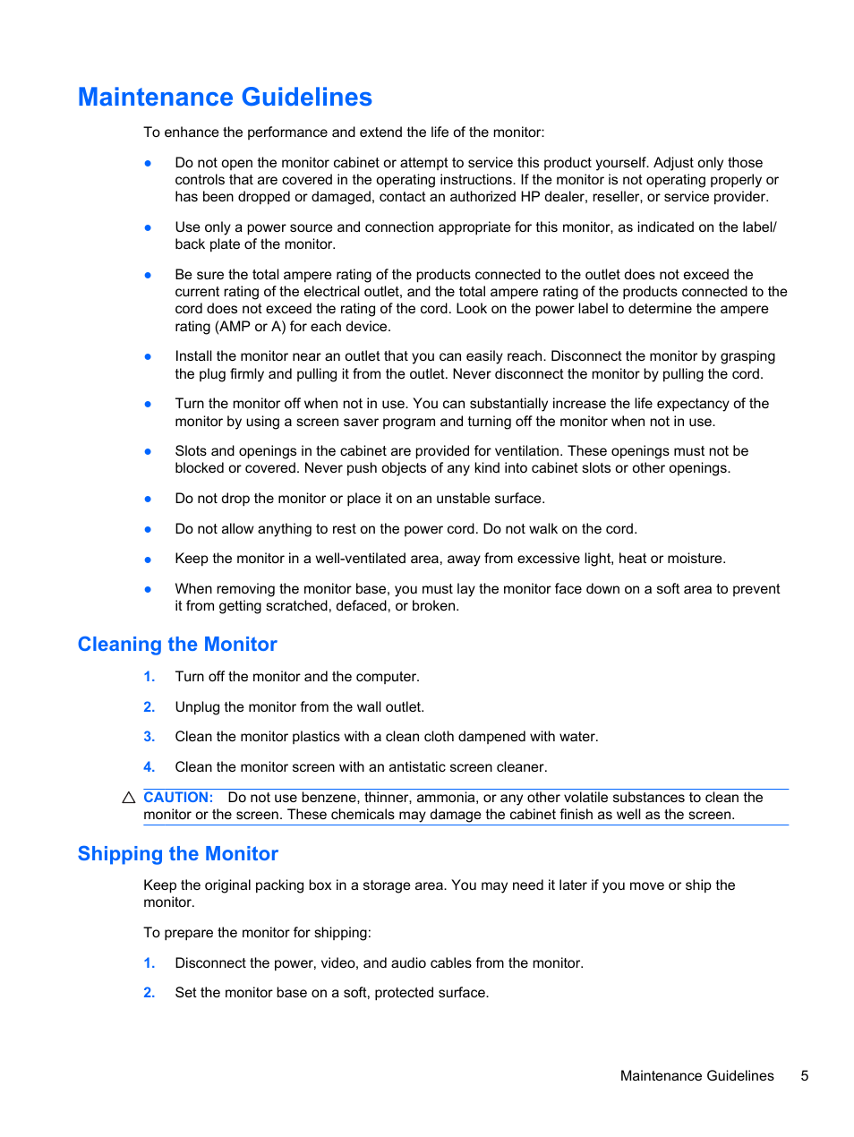 Maintenance guidelines, Cleaning the monitor, Shipping the monitor | Cleaning the monitor shipping the monitor | HP 2010 User Manual | Page 11 / 49