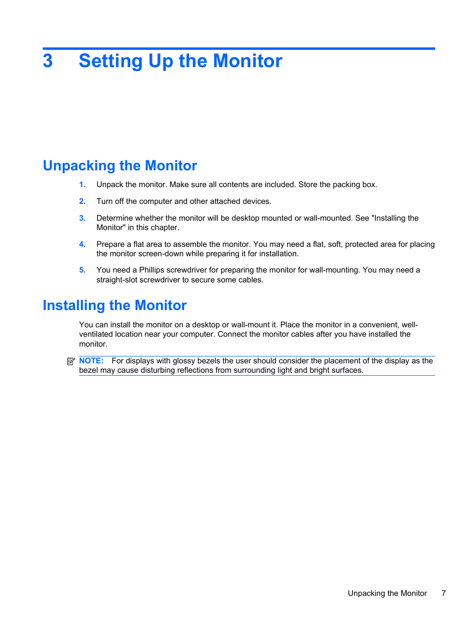 Setting up the monitor, Unpacking the monitor, Installing the monitor | 3 setting up the monitor, Unpacking the monitor installing the monitor, 3setting up the monitor | HP 2010 User Manual | Page 13 / 49