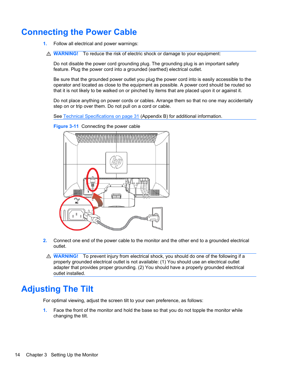 Connecting the power cable, Adjusting the tilt, Connecting the power cable adjusting the tilt | HP 2010 User Manual | Page 20 / 49