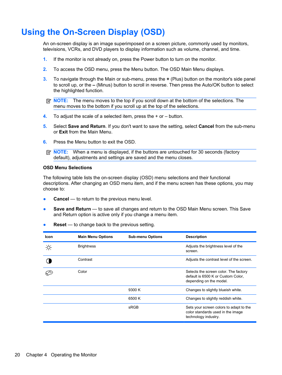 Using the on-screen display (osd) | HP 2010 User Manual | Page 26 / 49