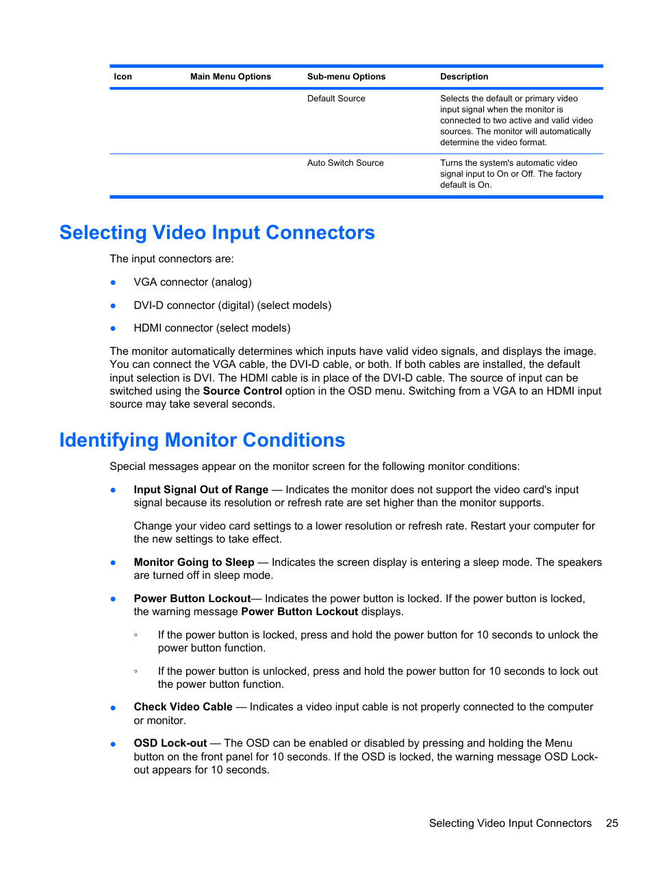 Selecting video input connectors, Identifying monitor conditions | HP 2010 User Manual | Page 31 / 49