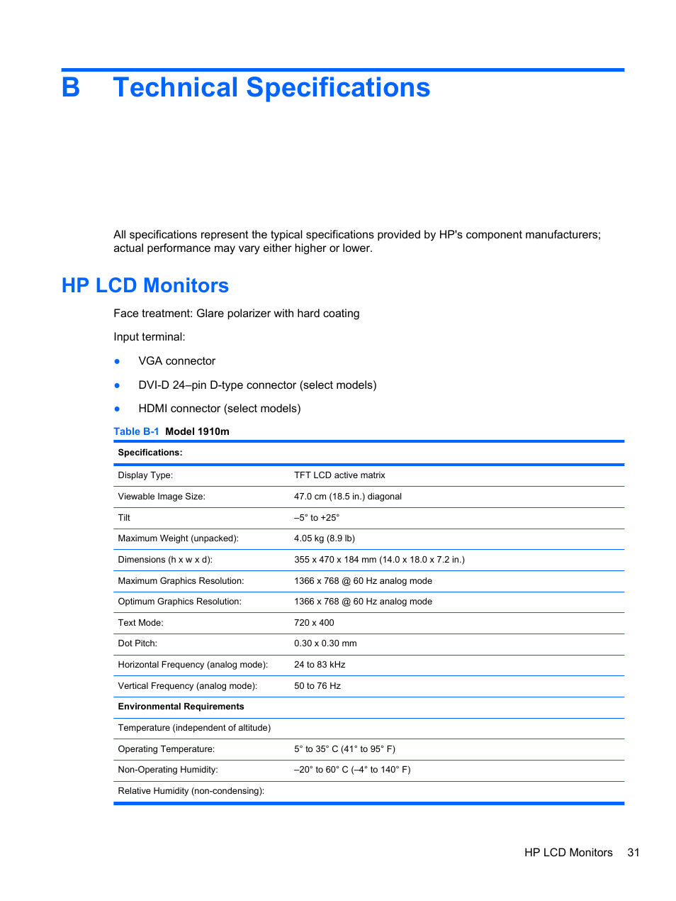 Technical specifications, Hp lcd monitors, Appendix b technical specifications | Btechnical specifications | HP 2010 User Manual | Page 37 / 49