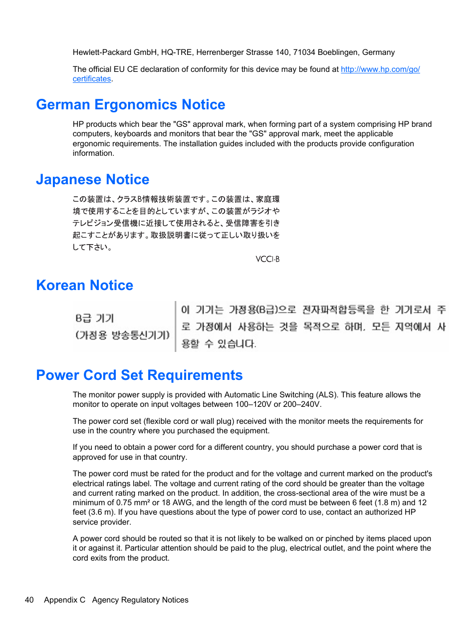 German ergonomics notice, Japanese notice, Korean notice | Power cord set requirements | HP 2010 User Manual | Page 46 / 49