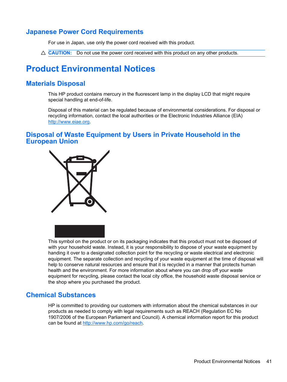 Japanese power cord requirements, Product environmental notices, Materials disposal | Chemical substances | HP 2010 User Manual | Page 47 / 49