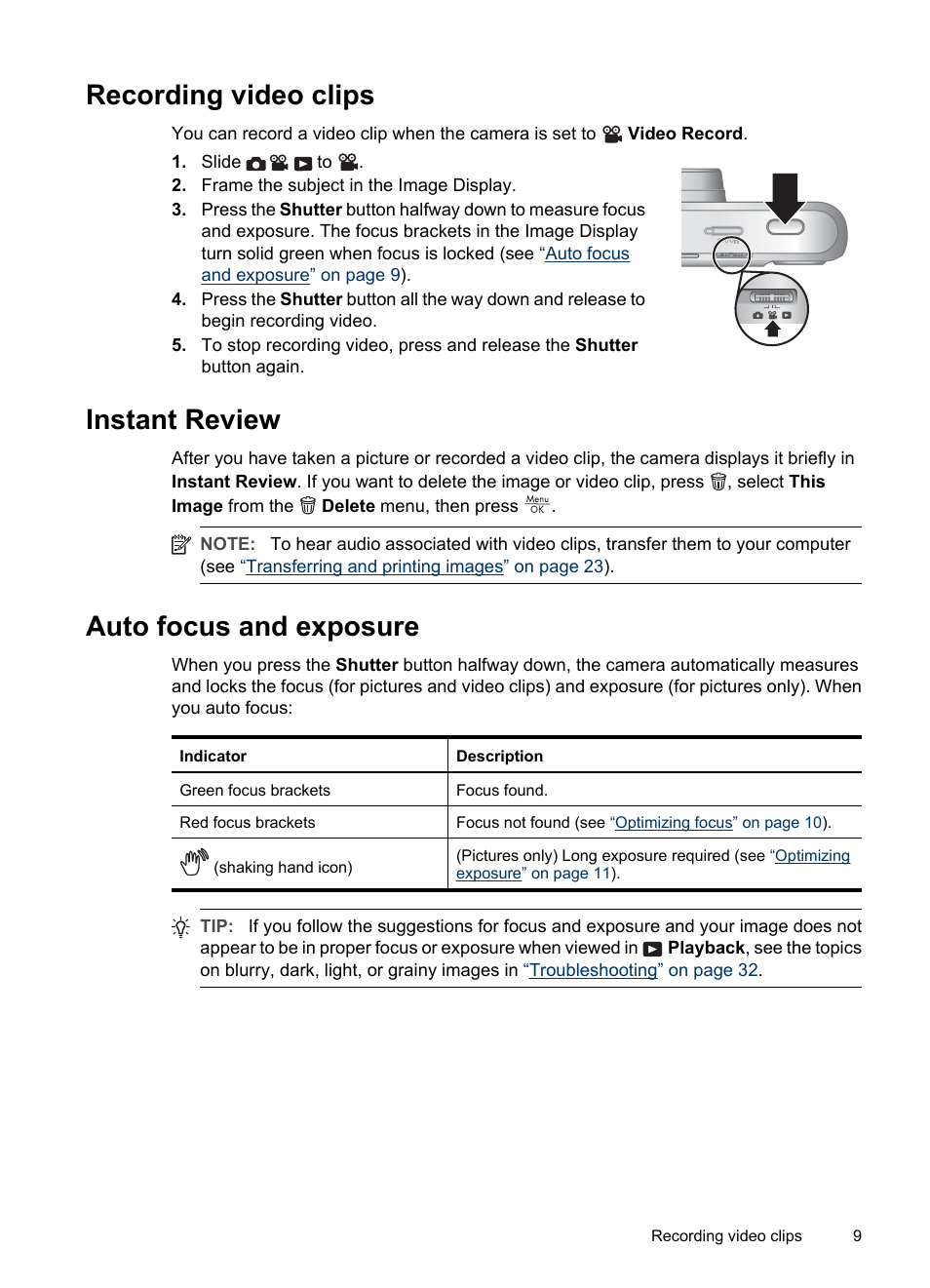 Recording video clips, Instant review, Auto focus and exposure | Instant | HP Photosmart Mz60 Series User Manual | Page 11 / 48