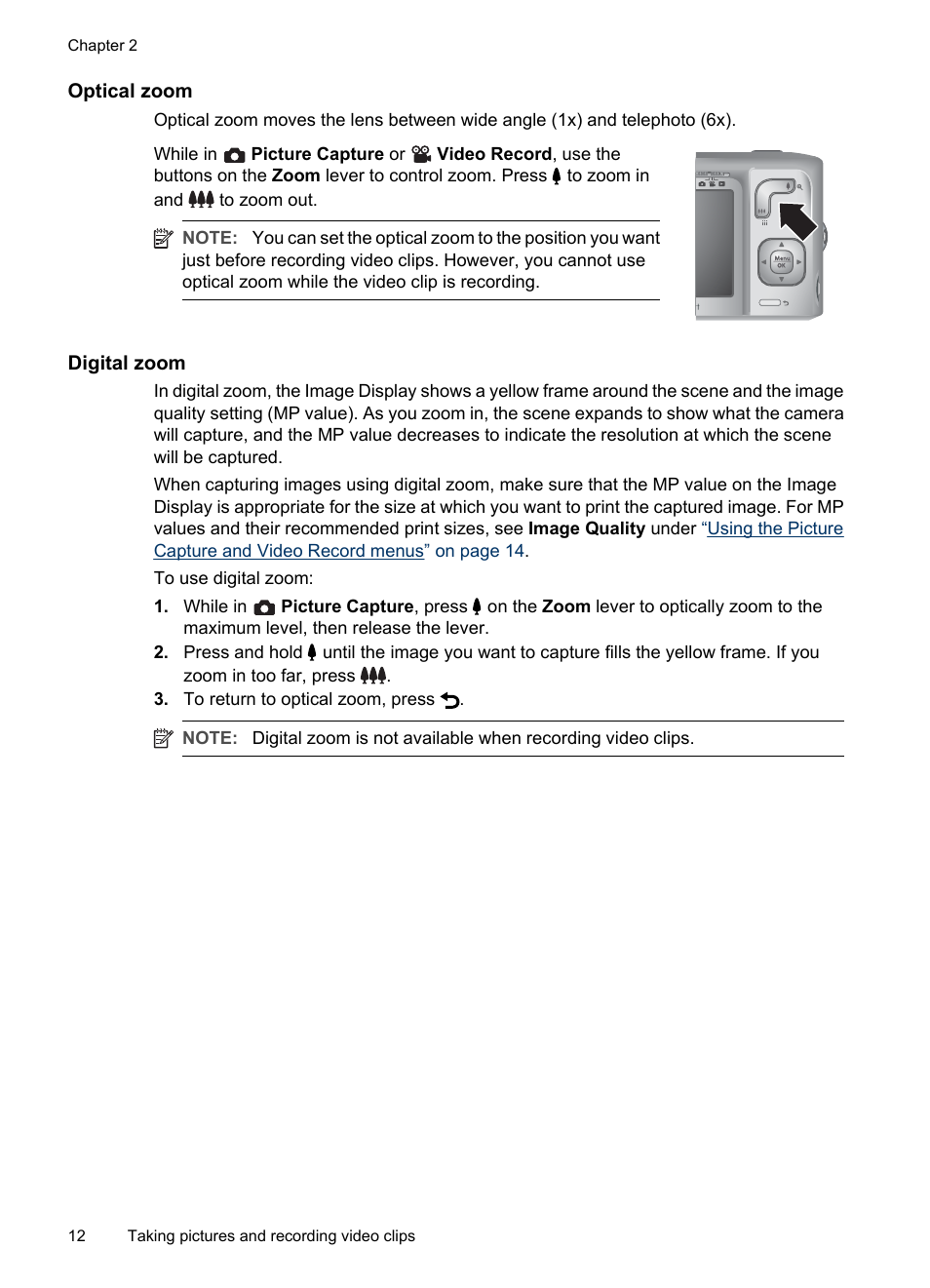 Optical zoom, Digital zoom | HP Photosmart Mz60 Series User Manual | Page 14 / 48