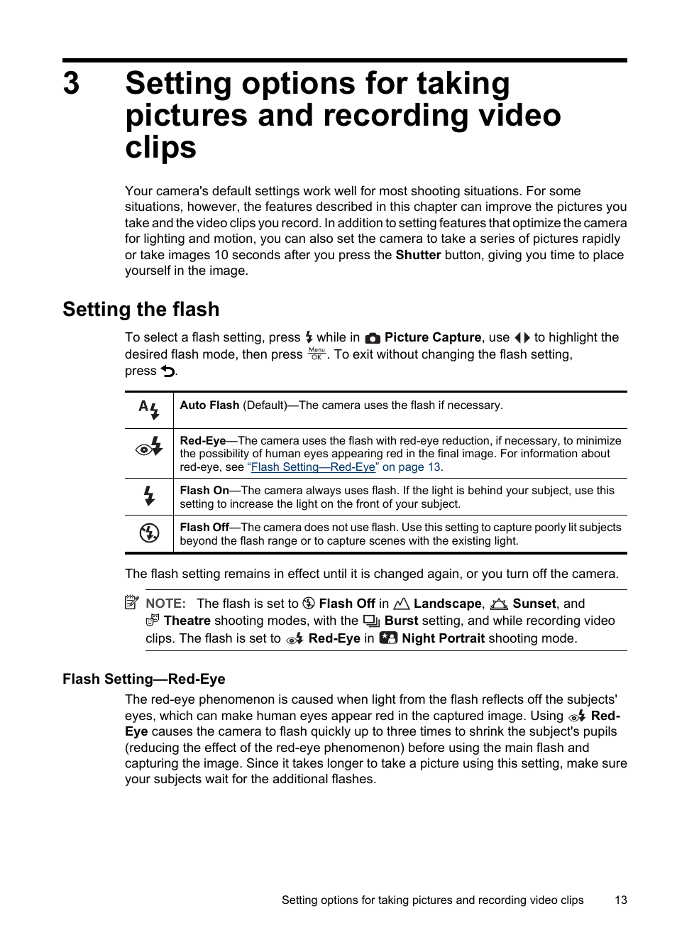 Setting the flash, Flash setting—red-eye, Setting | Setting options for taking pictures and | HP Photosmart Mz60 Series User Manual | Page 15 / 48