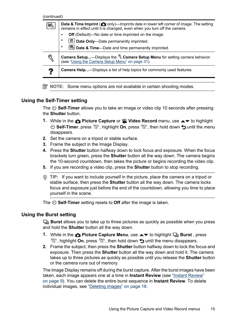 Using the self-timer setting, Using the burst setting, Imer light (see | Ccession (see, Using the | HP Photosmart Mz60 Series User Manual | Page 17 / 48