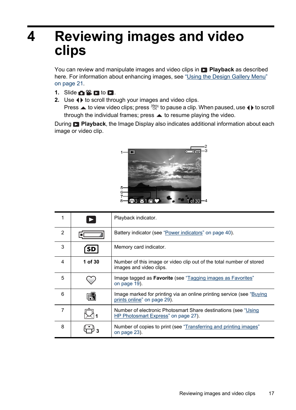 Reviewing images and video clips, 4 reviewing images and video clips, 4reviewing images and video clips | HP Photosmart Mz60 Series User Manual | Page 19 / 48