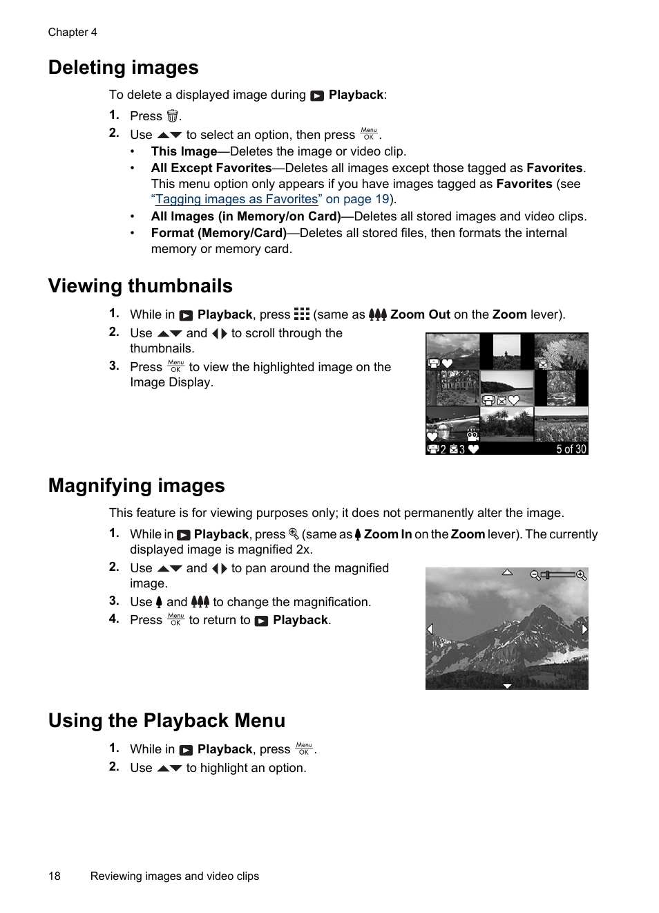 Deleting images, Viewing thumbnails, Magnifying images | Using the playback menu | HP Photosmart Mz60 Series User Manual | Page 20 / 48