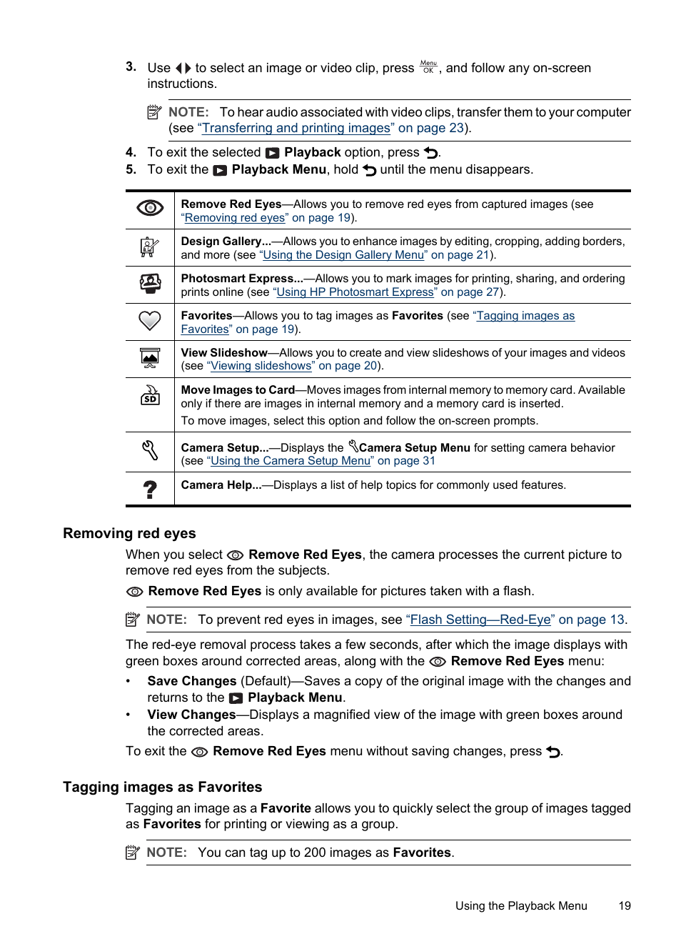 Removing red eyes, Tagging images as favorites | HP Photosmart Mz60 Series User Manual | Page 21 / 48