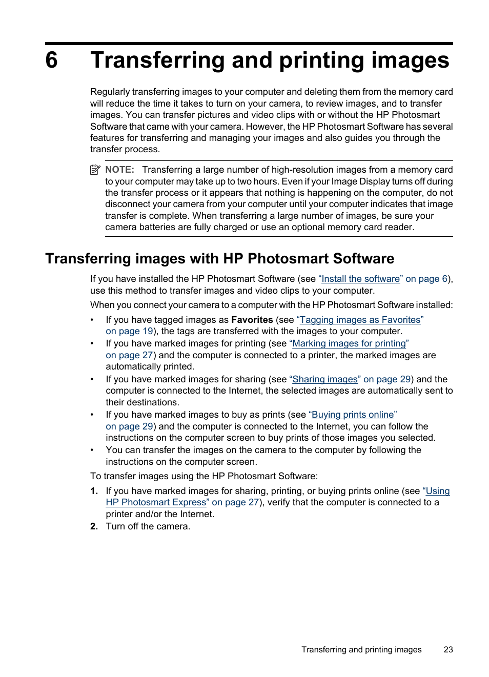 Transferring and printing images, Transferring images with hp photosmart software, 6 transferring and printing images | Transferring images with hp photosmart, 6transferring and printing images | HP Photosmart Mz60 Series User Manual | Page 25 / 48