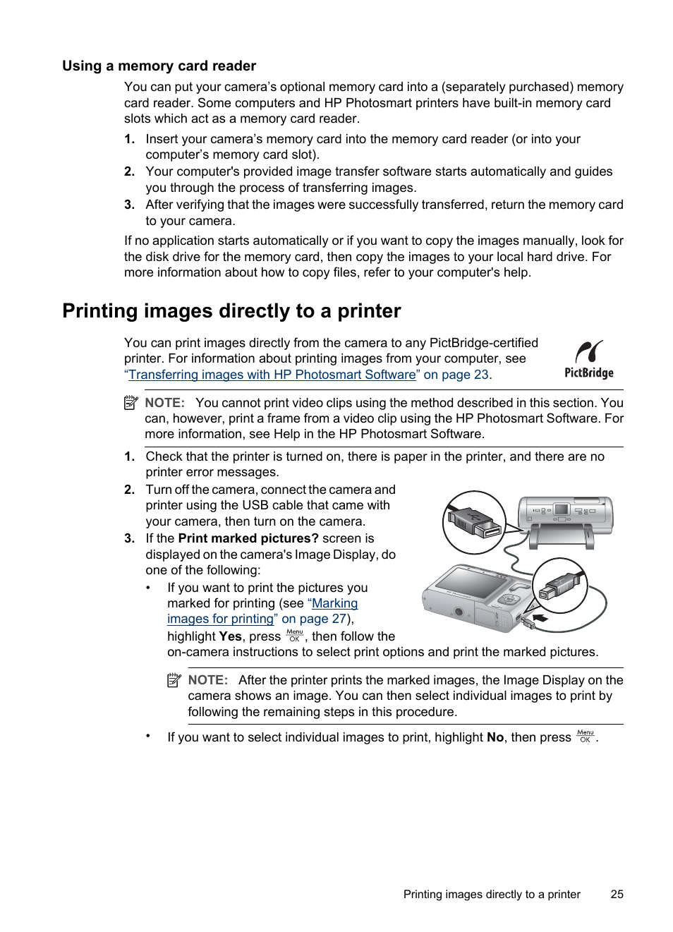 Using a memory card reader, Printing images directly to a printer | HP Photosmart Mz60 Series User Manual | Page 27 / 48