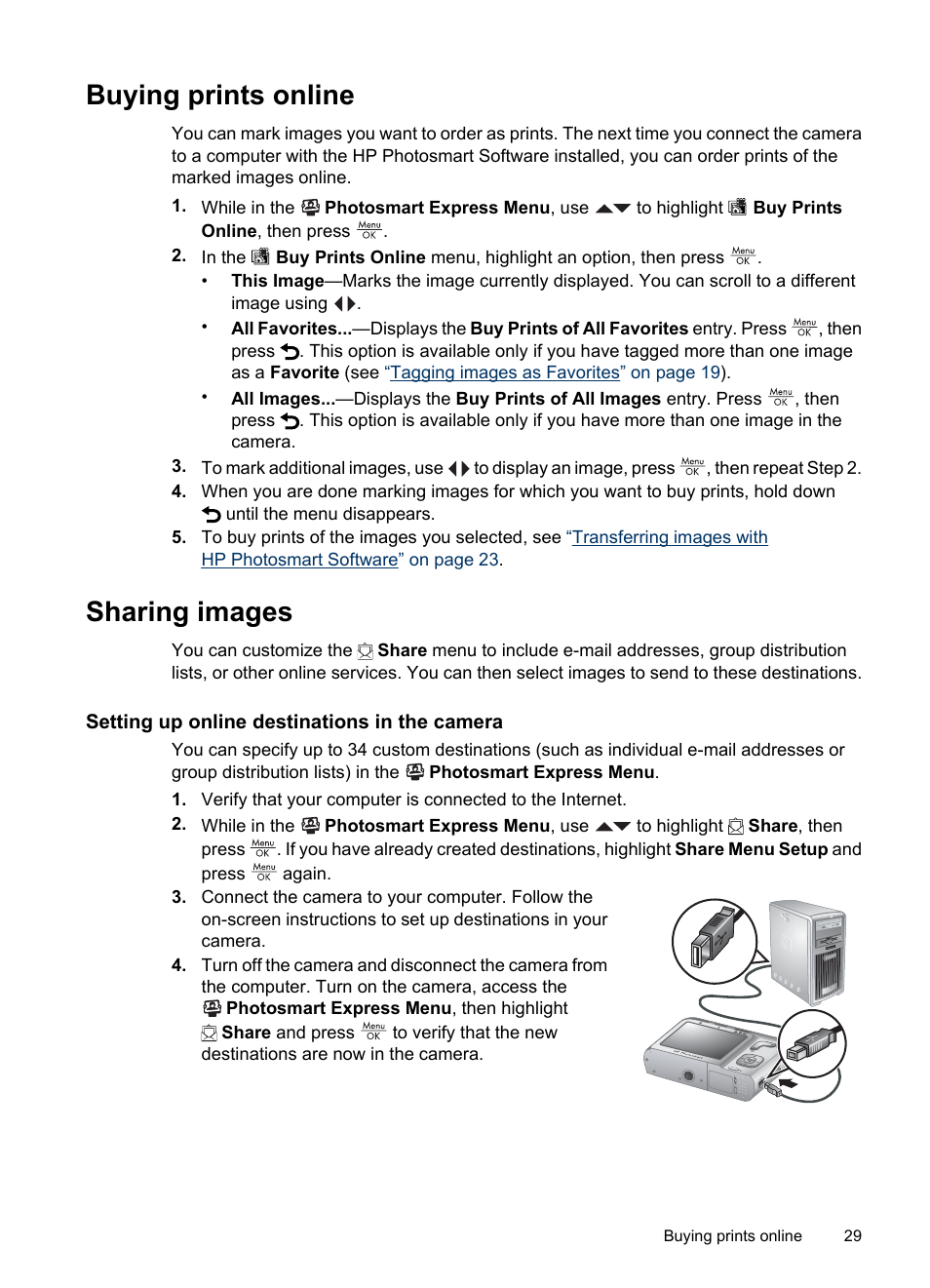 Buying prints online, Sharing images, Setting up online destinations in the camera | Buying prints online sharing images, Buying, Sharing | HP Photosmart Mz60 Series User Manual | Page 31 / 48