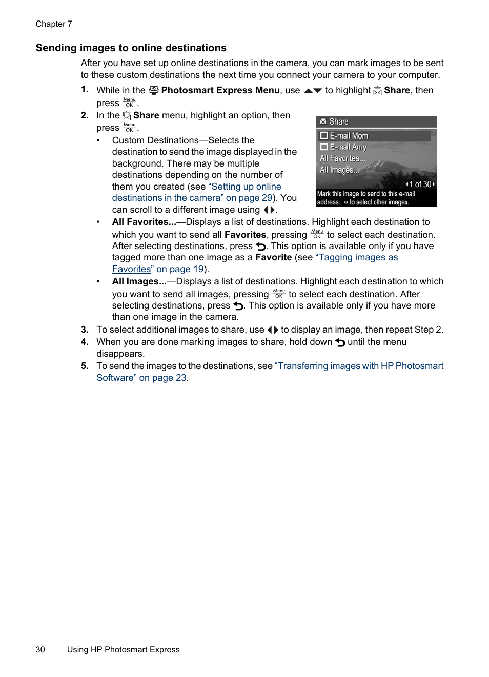 Sending images to online destinations | HP Photosmart Mz60 Series User Manual | Page 32 / 48