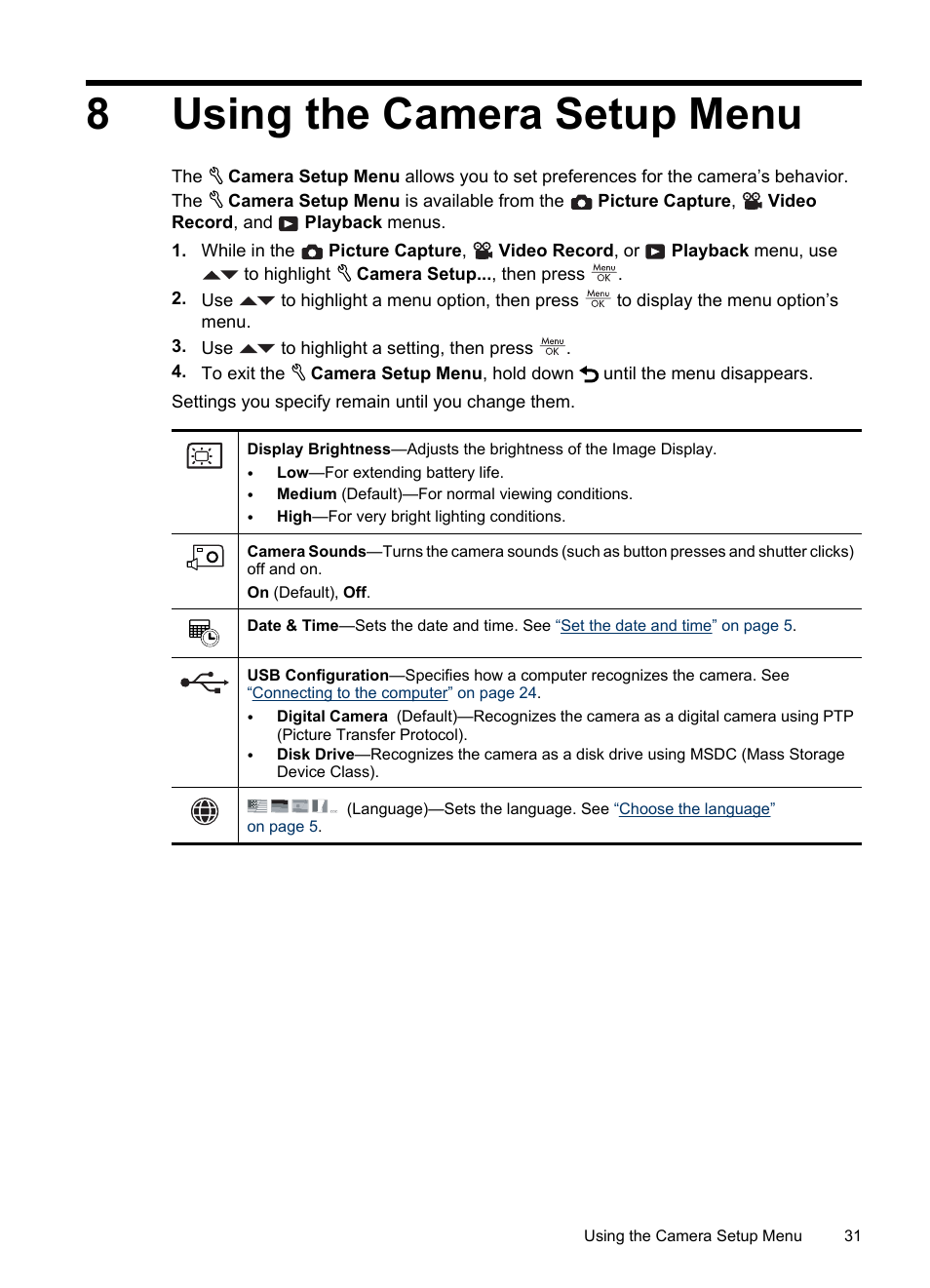 Using the camera setup menu, 8 using the camera setup menu, 8using the camera setup menu | HP Photosmart Mz60 Series User Manual | Page 33 / 48