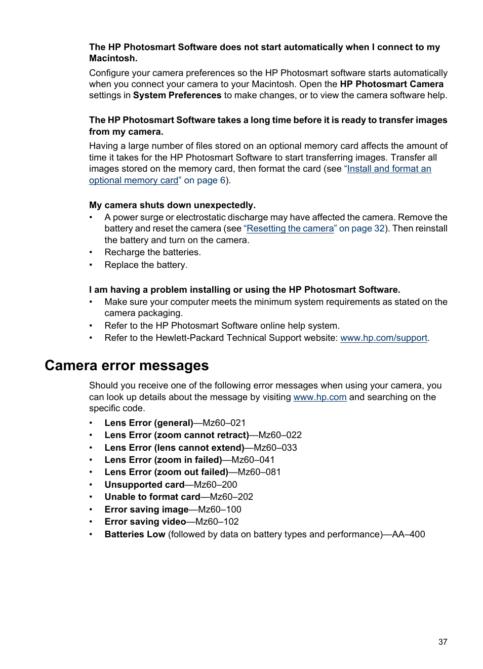 Camera error messages | HP Photosmart Mz60 Series User Manual | Page 39 / 48