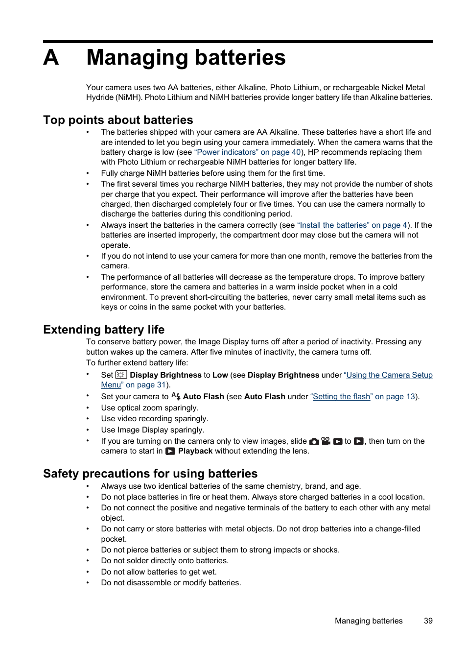 Managing batteries, Top points about batteries, Extending battery life | Safety precautions for using batteries, A managing batteries, Amanaging batteries | HP Photosmart Mz60 Series User Manual | Page 41 / 48