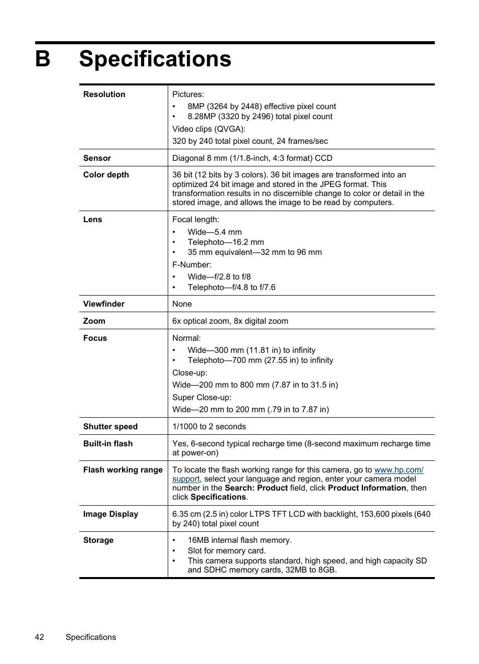 Specifications, B specifications, Bspecifications | HP Photosmart Mz60 Series User Manual | Page 44 / 48