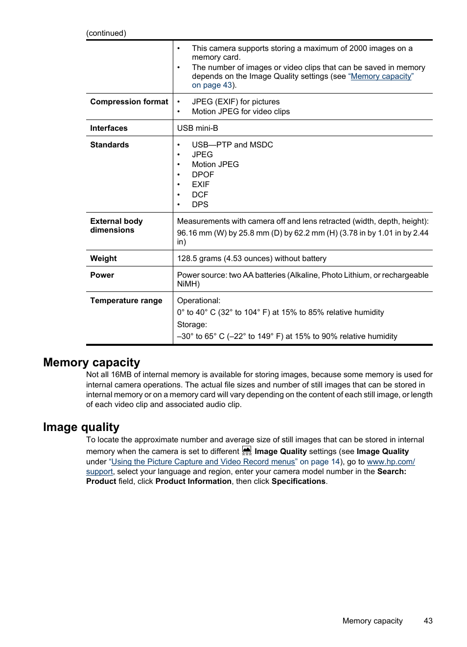 Memory capacity, Image quality, Memory capacity image quality | HP Photosmart Mz60 Series User Manual | Page 45 / 48