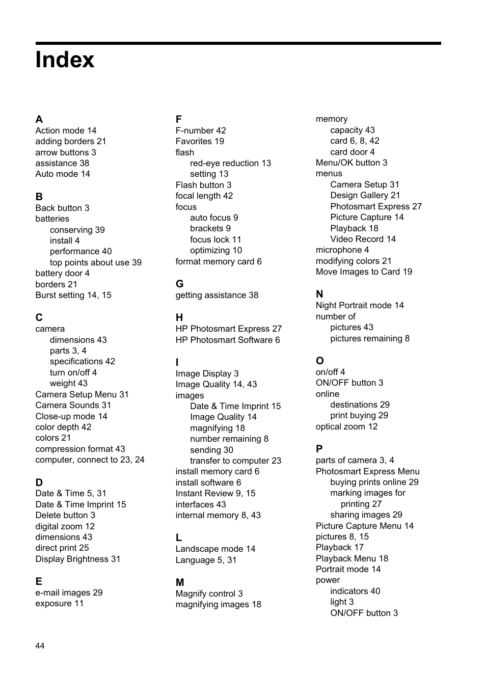 Index | HP Photosmart Mz60 Series User Manual | Page 46 / 48