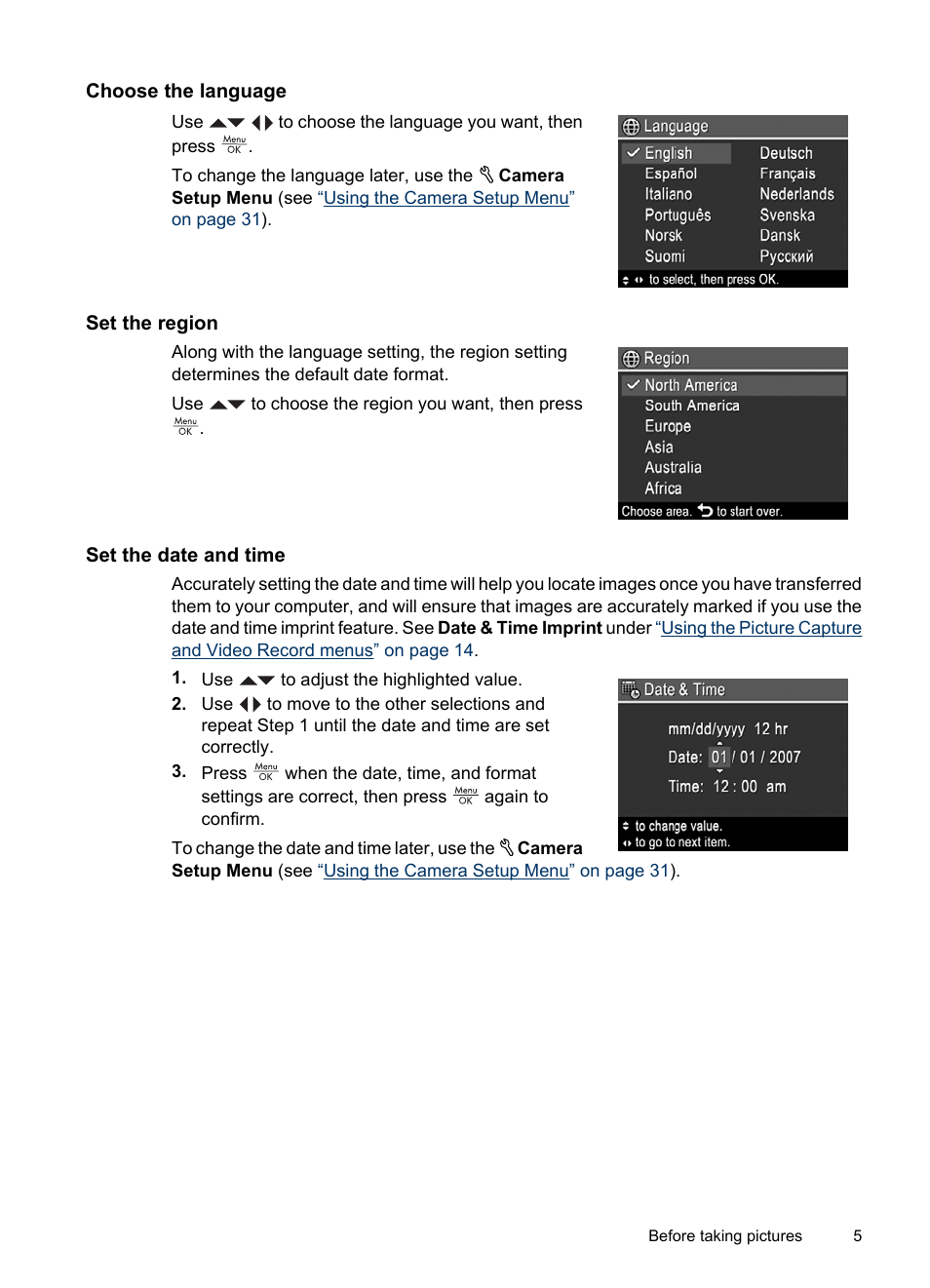 Choose the language, Set the region, Set the date and time | HP Photosmart Mz60 Series User Manual | Page 7 / 48