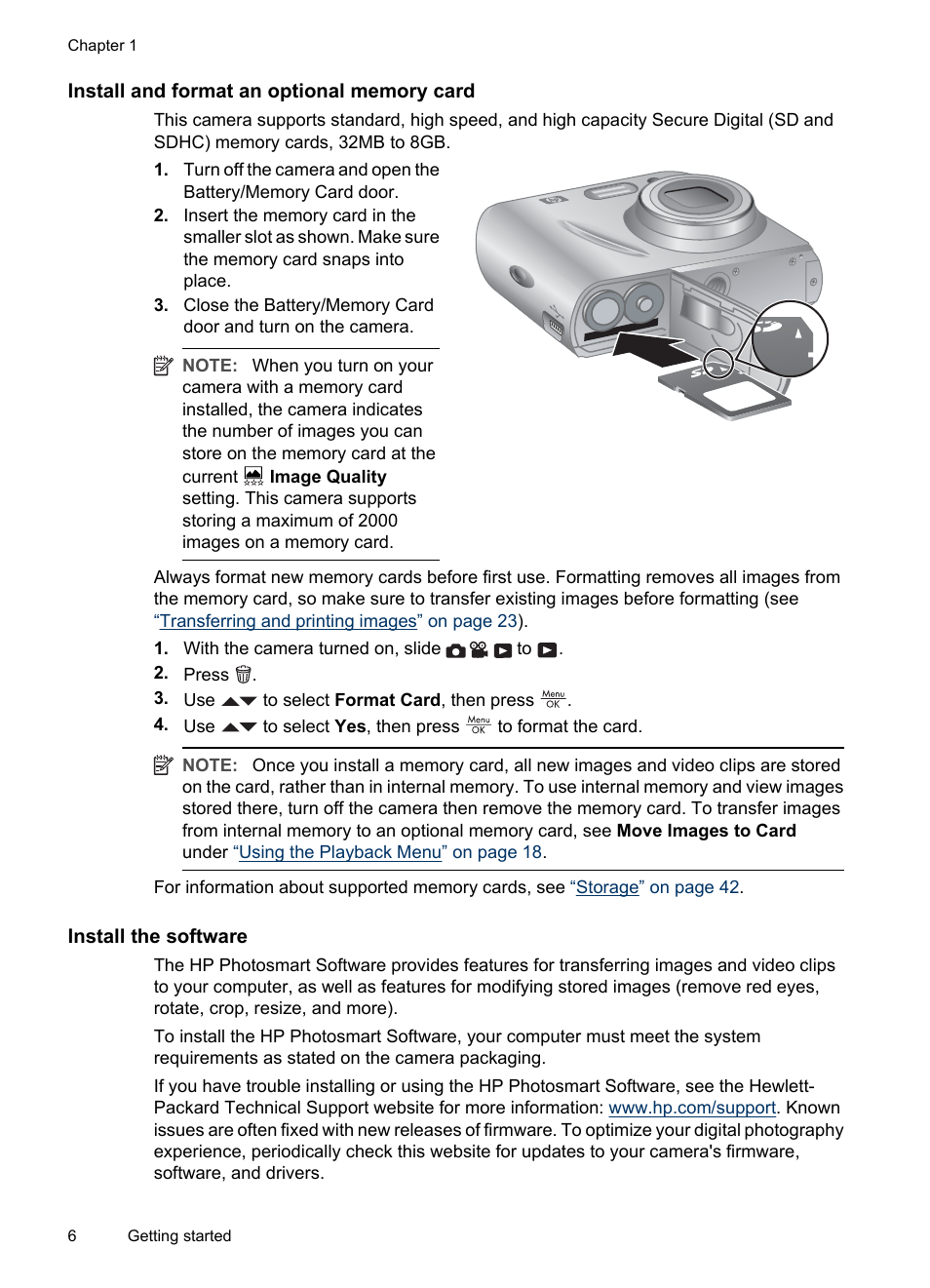 Install and format an optional memory card, Install the software | HP Photosmart Mz60 Series User Manual | Page 8 / 48