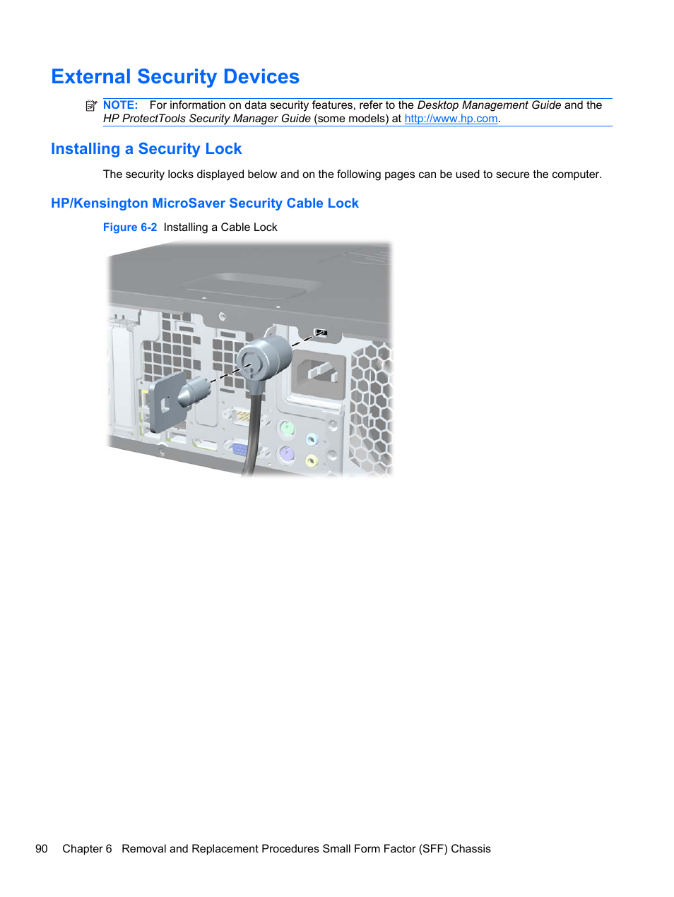 External security devices, Installing a security lock, Hp/kensington microsaver security cable lock | HP 8080 ELITE BUSINESS User Manual | Page 102 / 284