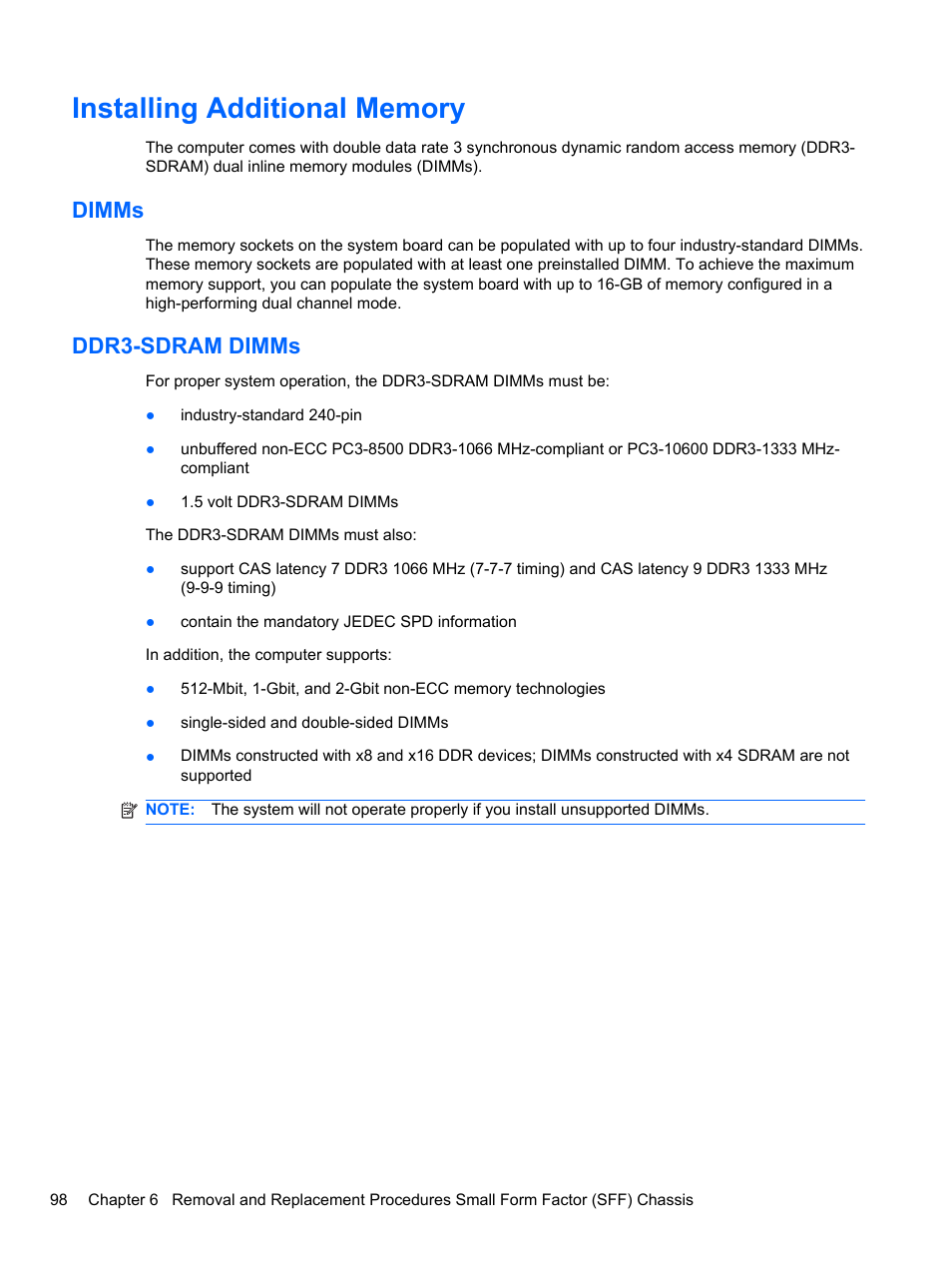 Installing additional memory, Dimms, Ddr3-sdram dimms | Dimms ddr3-sdram dimms | HP 8080 ELITE BUSINESS User Manual | Page 110 / 284