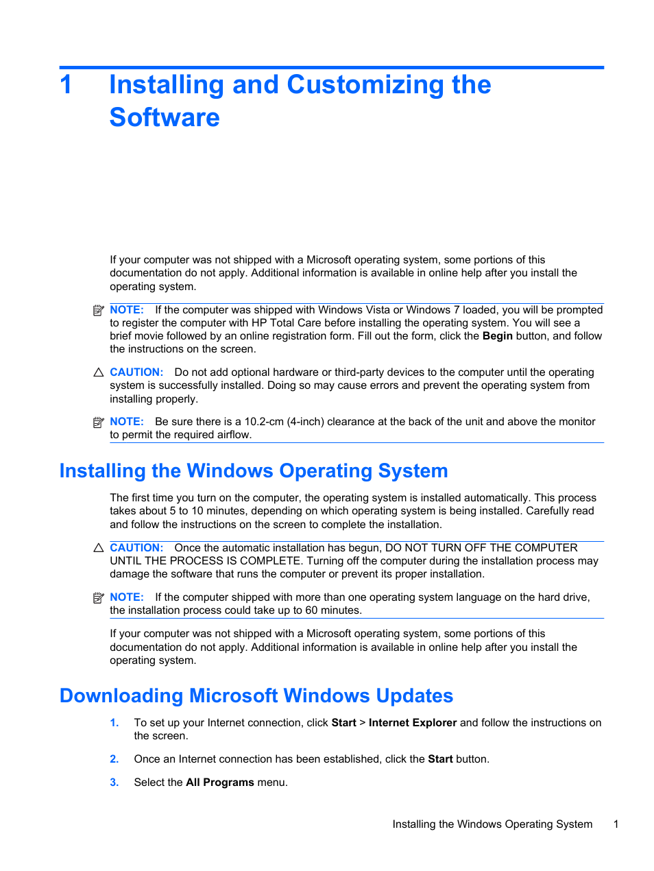 Installing and customizing the software, Installing the windows operating system, Downloading microsoft windows updates | 1 installing and customizing the software, 1installing and customizing the software | HP 8080 ELITE BUSINESS User Manual | Page 13 / 284