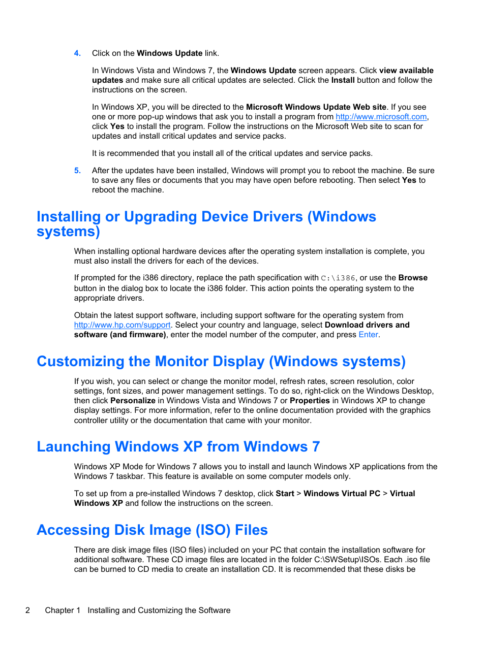 Customizing the monitor display (windows systems), Launching windows xp from windows 7, Accessing disk image (iso) files | HP 8080 ELITE BUSINESS User Manual | Page 14 / 284