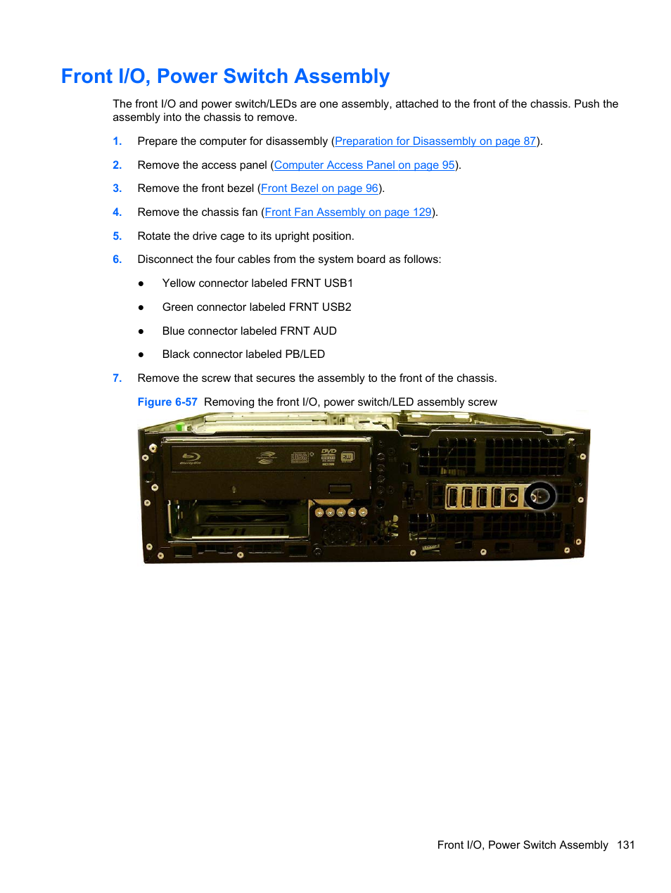 Front i/o, power switch assembly | HP 8080 ELITE BUSINESS User Manual | Page 143 / 284