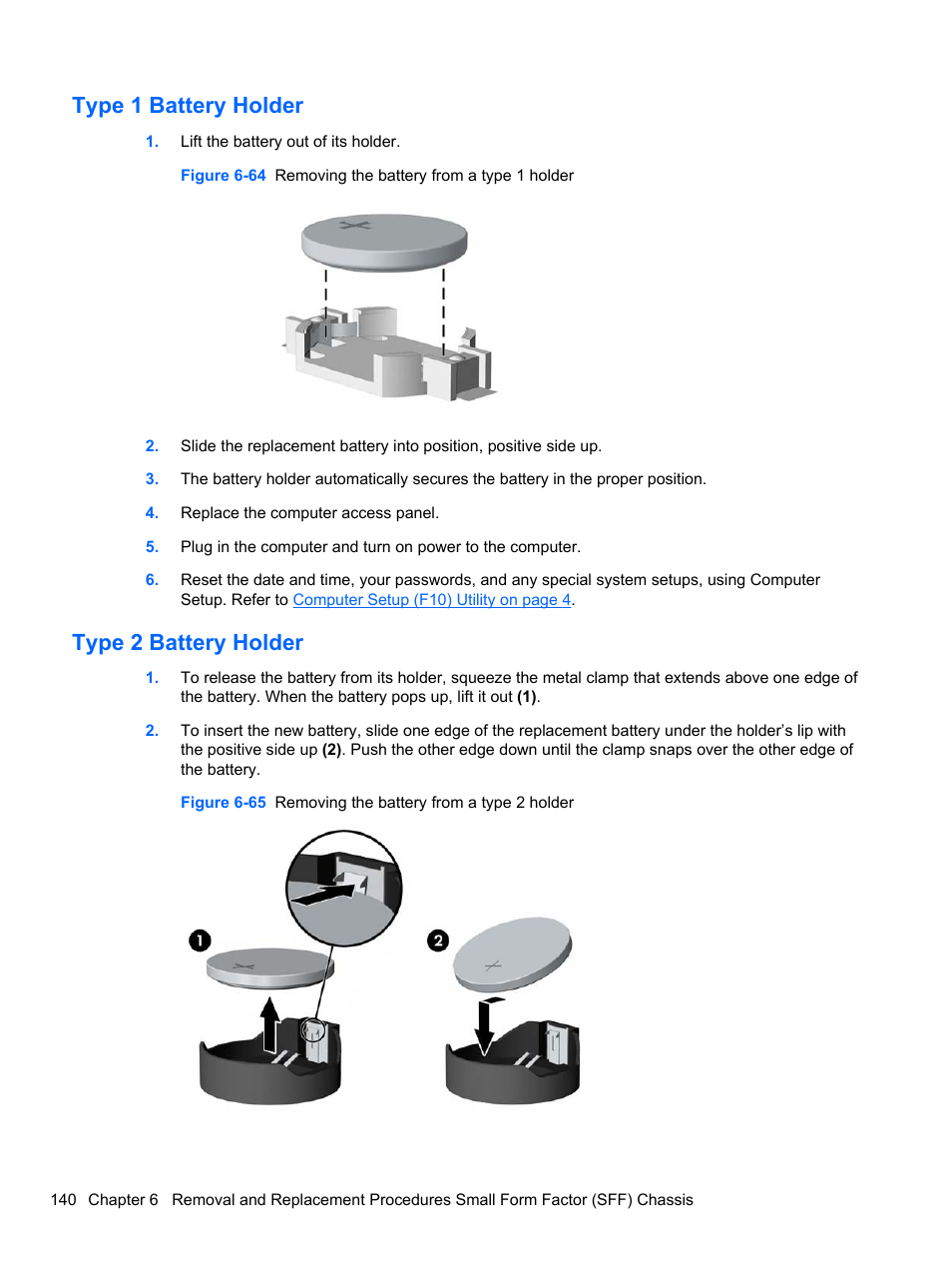 Type 1 battery holder, Type 2 battery holder, Type 1 battery holder type 2 battery holder | HP 8080 ELITE BUSINESS User Manual | Page 152 / 284