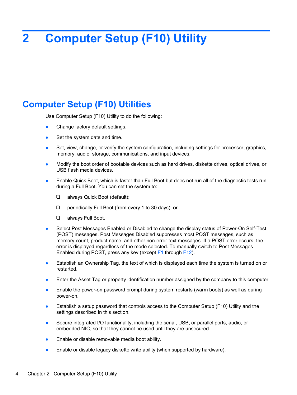 Computer setup (f10) utility, Computer setup (f10) utilities, 2 computer setup (f10) utility | 2computer setup (f10) utility | HP 8080 ELITE BUSINESS User Manual | Page 16 / 284