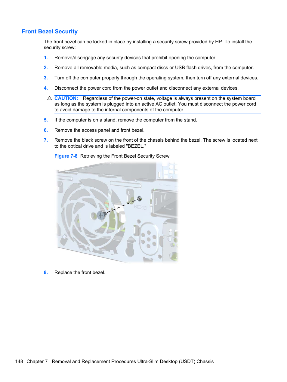 Front bezel security | HP 8080 ELITE BUSINESS User Manual | Page 160 / 284