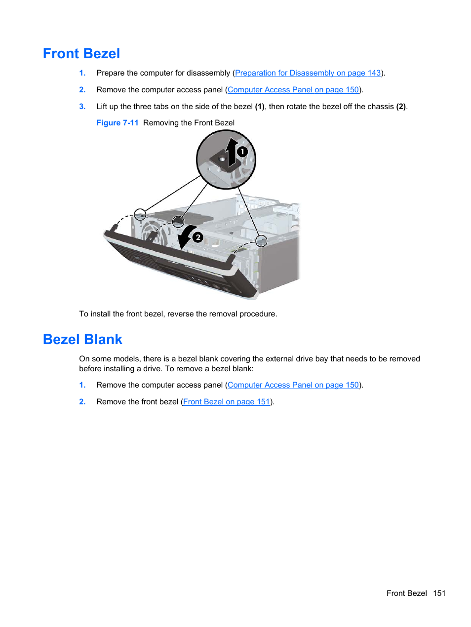 Front bezel, Bezel blank, Front bezel bezel blank | HP 8080 ELITE BUSINESS User Manual | Page 163 / 284