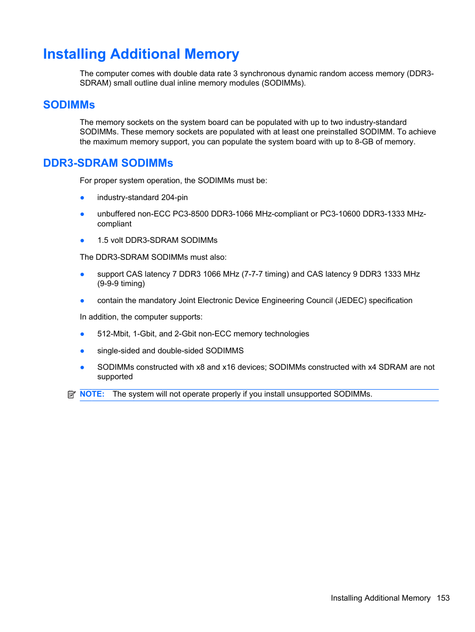 Installing additional memory, Sodimms, Ddr3-sdram sodimms | Sodimms ddr3-sdram sodimms | HP 8080 ELITE BUSINESS User Manual | Page 165 / 284