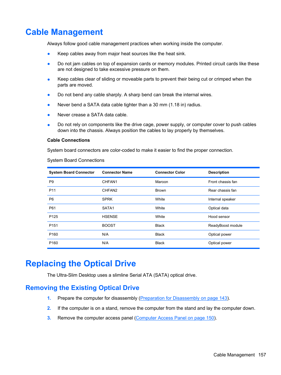 Cable management, Replacing the optical drive, Removing the existing optical drive | HP 8080 ELITE BUSINESS User Manual | Page 169 / 284