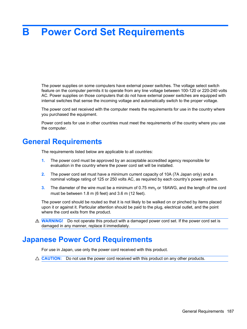 Power cord set requirements, General requirements, Japanese power cord requirements | Appendix b power cord set requirements, Bpower cord set requirements | HP 8080 ELITE BUSINESS User Manual | Page 199 / 284