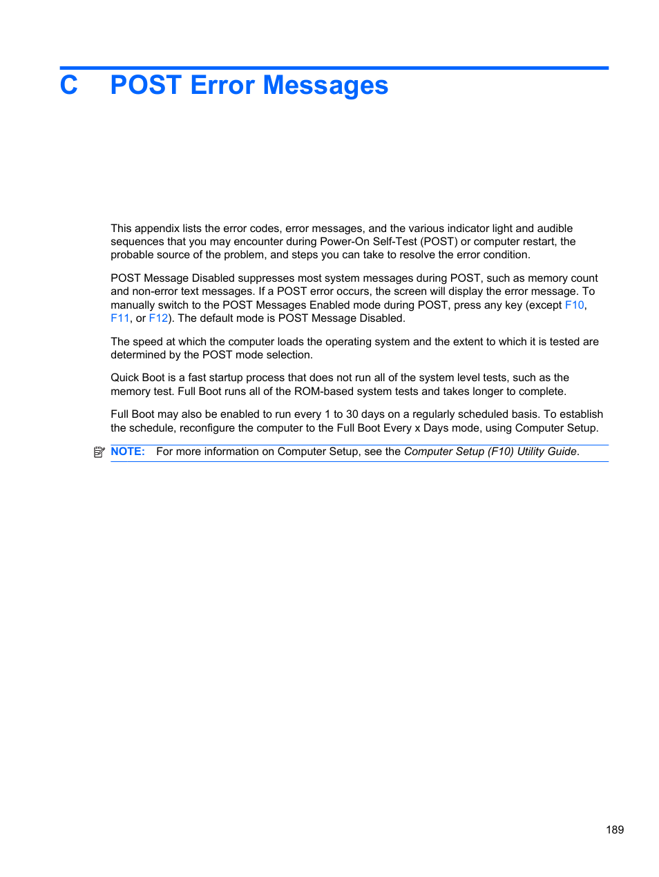 Post error messages, Appendix c post error messages, Cpost error messages | HP 8080 ELITE BUSINESS User Manual | Page 201 / 284