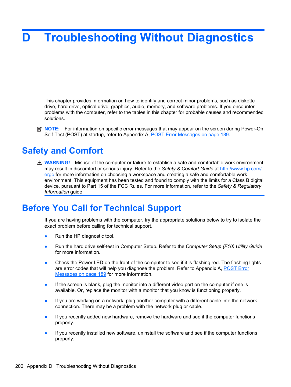 Troubleshooting without diagnostics, Safety and comfort, Before you call for technical support | Appendix d troubleshooting without diagnostics, Dtroubleshooting without diagnostics | HP 8080 ELITE BUSINESS User Manual | Page 212 / 284