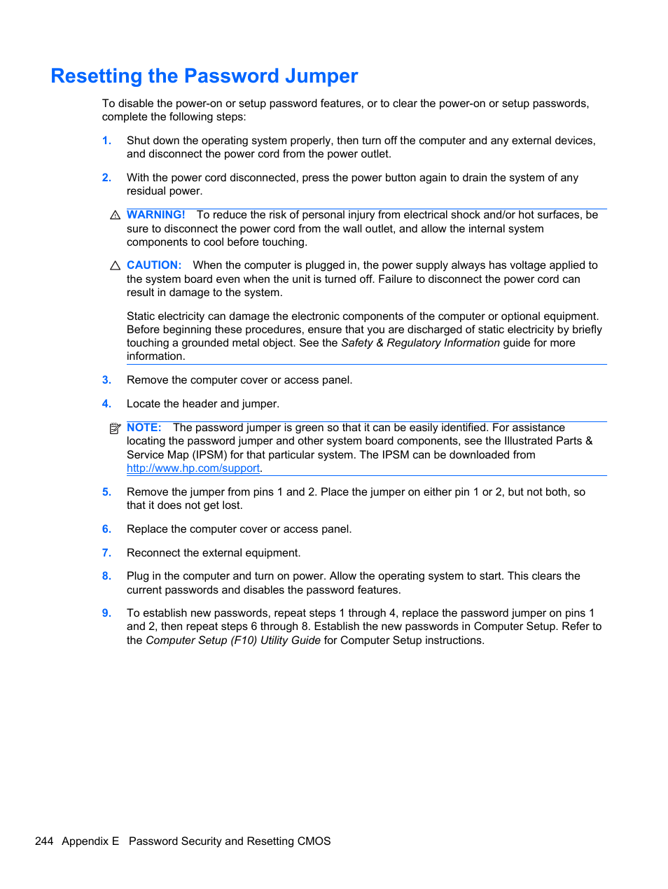 Resetting the password jumper | HP 8080 ELITE BUSINESS User Manual | Page 256 / 284