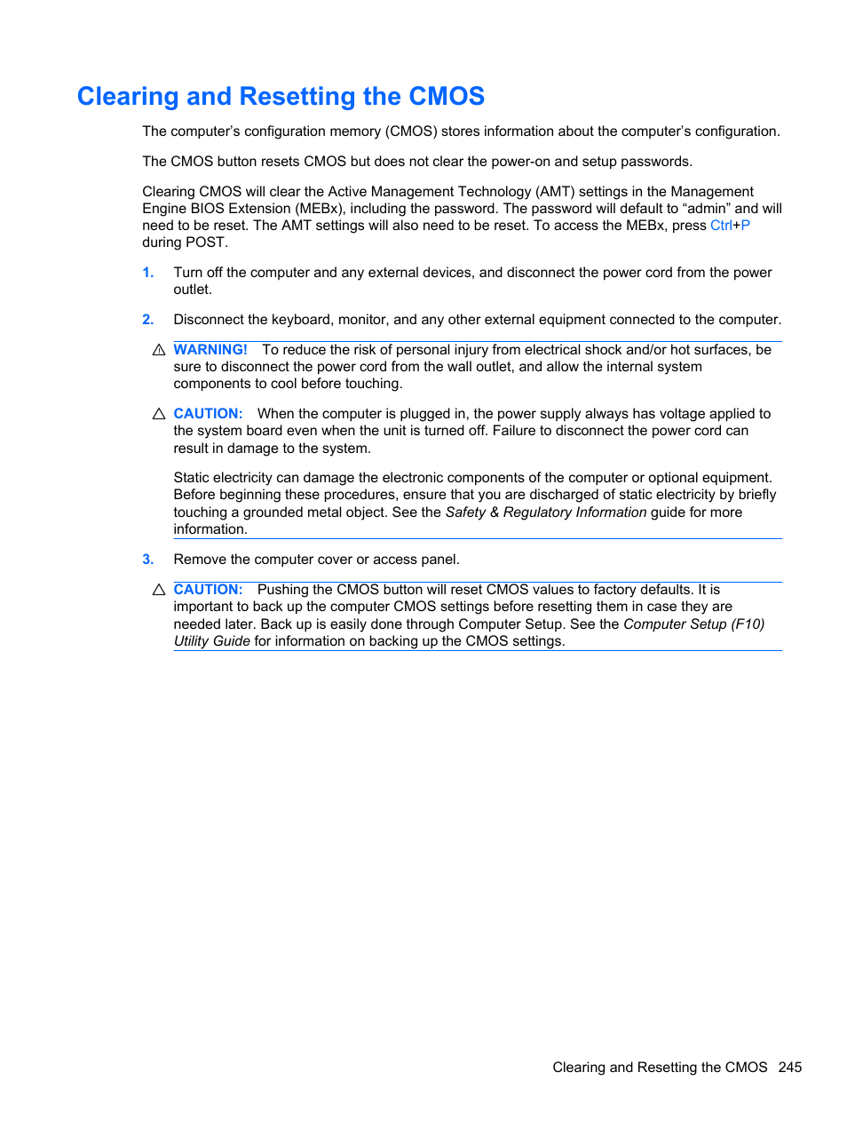 Clearing and resetting the cmos | HP 8080 ELITE BUSINESS User Manual | Page 257 / 284